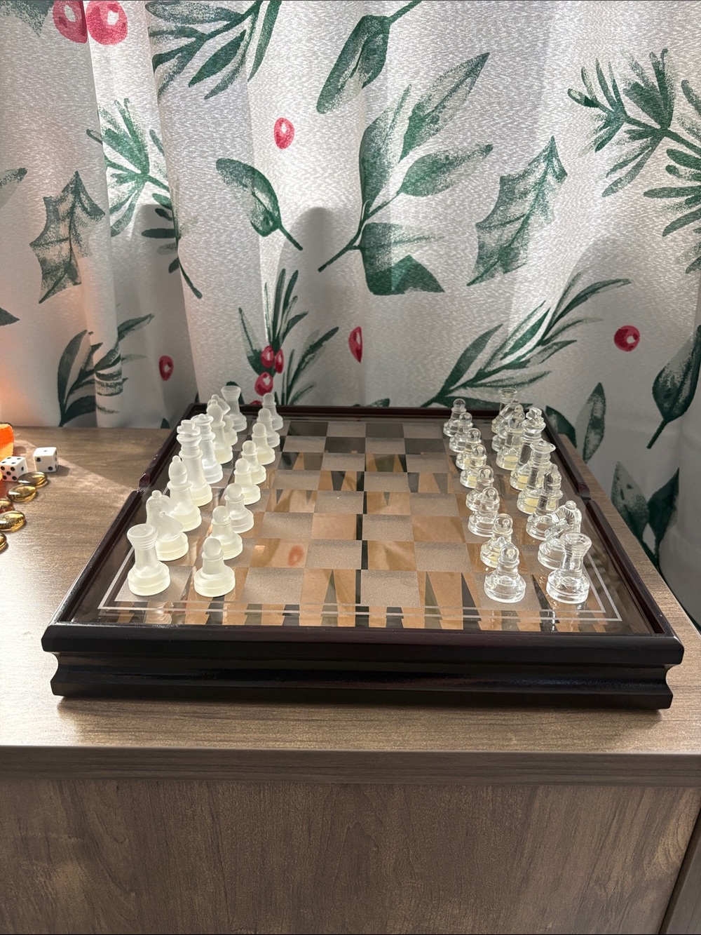 Glass Chess Set with Wooden Frame - Clear & Frosted Pieces